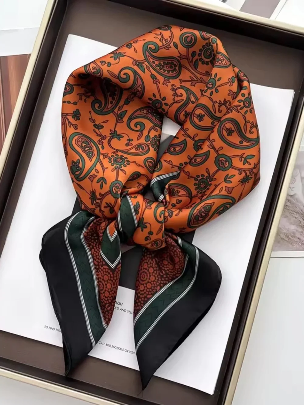 Paisley Print Orange and Black Silk-Feel Scarf
